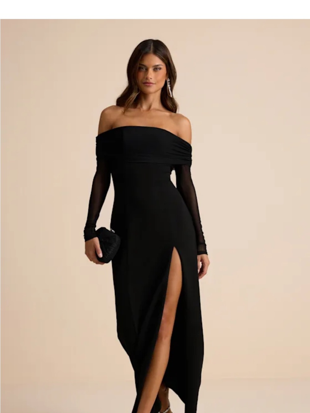 Lulu's Black Off-the-Shoulder Long Sleeve Backless Evening Gown with High Slit